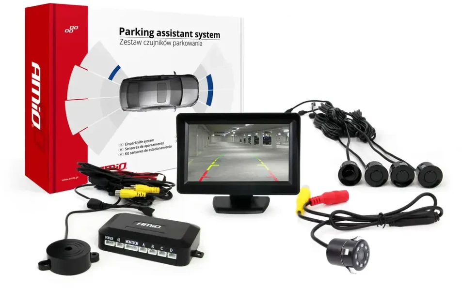 Amio Parkavimo pagalbos sistema TFT01 4,3" su HD-307-IR kamera, 4 juodi jutikliai 22 mm