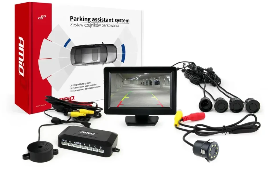 Amio Parkavimo jutiklių rinkinys TFT01 4,3" su HD 315 LED kamera, 4 juodi jutikliai 22 mm