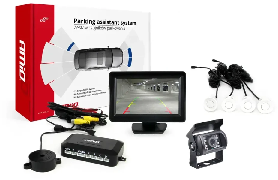 Amio Parkavimo pagalbos sistema TFT01 4,3" su HD-501-IR kamera, 4 balti jutikliai