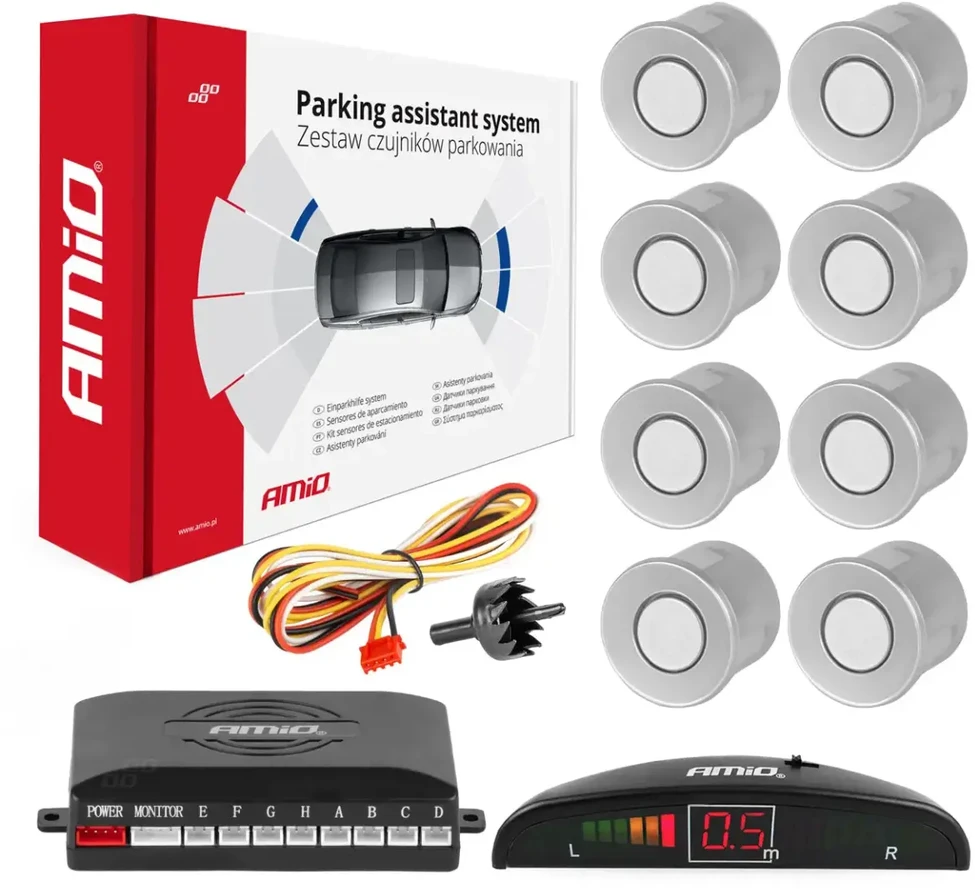 Parkavimo pagalbos sistema LED, 8 sidabro spalvos jutikliai 22 mm AMIO-01598