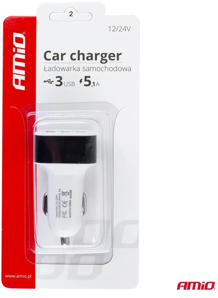 Amio Automobilinis telefono įkroviklis 3xUSB baltas PCH-03
