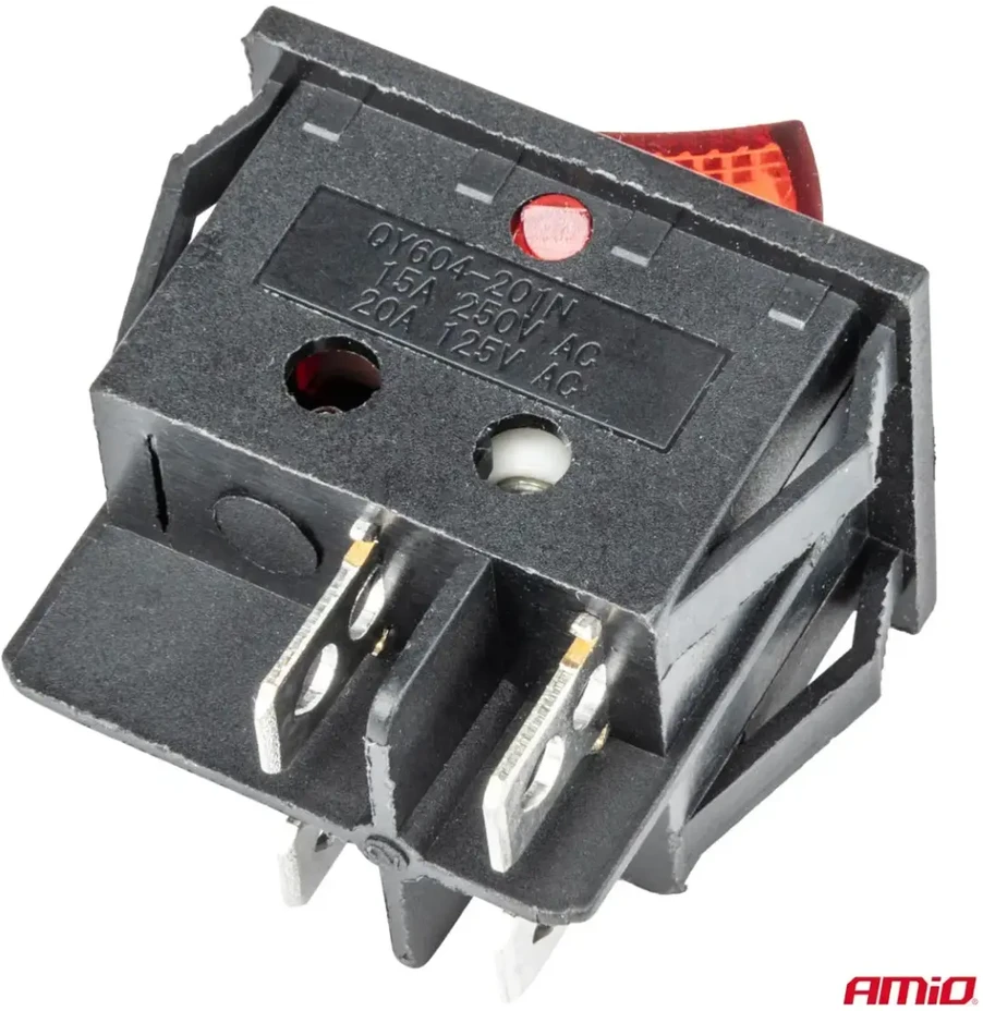 Raudonas stačiakampis jungiklis 12v 230v su apšvietimu BU02 amio-03613