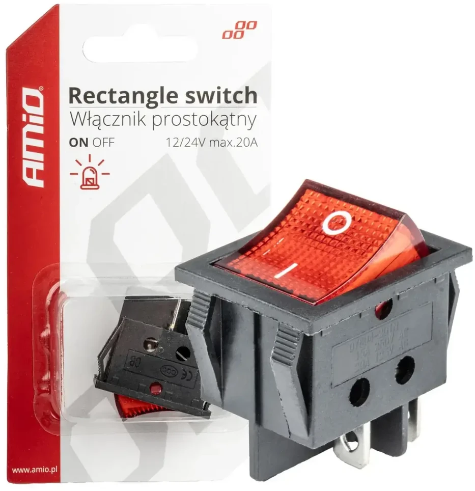 Raudonas stačiakampis jungiklis 12v 230v su apšvietimu BU02 amio-03613