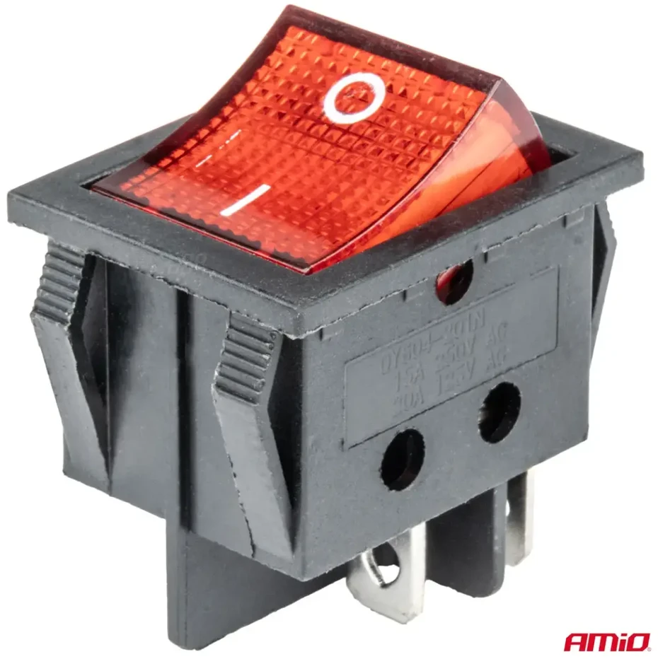 Raudonas stačiakampis jungiklis 12v 230v su apšvietimu BU02 amio-03613