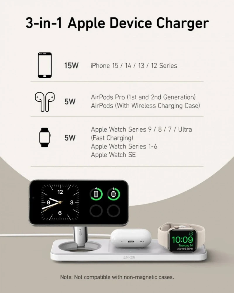 Anker MagGo 15W 3-in-1 horizontali magnetinė stotis Baltas