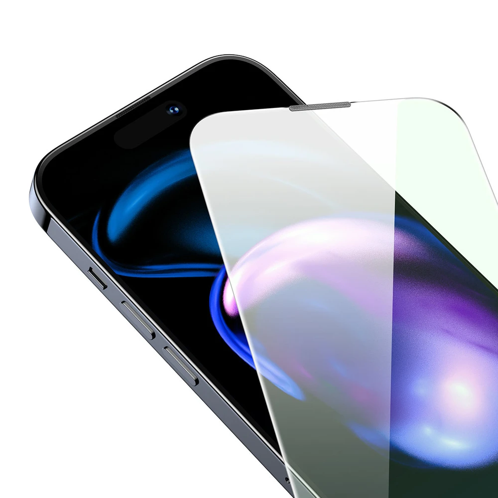 Baseus viso ekrano Apsauginis stiklas Apple iPhone 14 Pro su Anti Mėlyna šviesos filtru ir 0,3 mm garsiakalbio dangteliu + montavimo rėmeliu