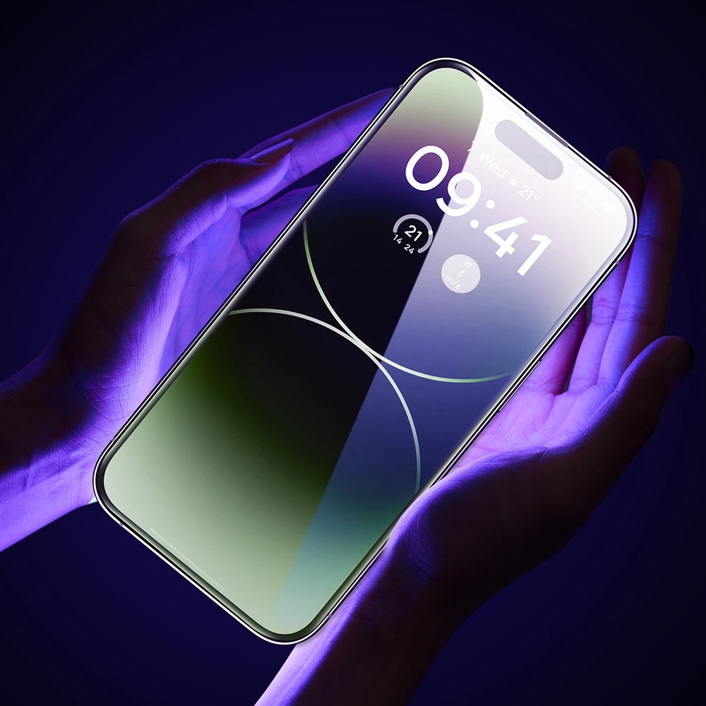 Baseus viso ekrano Apsauginis stiklas Apple iPhone 14 Pro Max su Anti Mėlyna šviesos filtru ir 0,3 mm garsiakalbio dangteliu + montavimo rėmeliu