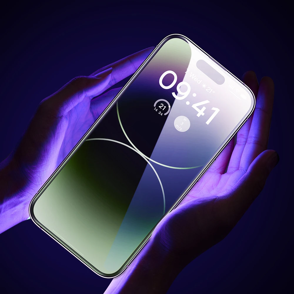 Baseus viso ekrano Apsauginis stiklas Apple iPhone 14 Pro su Anti Mėlyna šviesos filtru ir 0,3 mm garsiakalbio dangteliu + montavimo rėmeliu