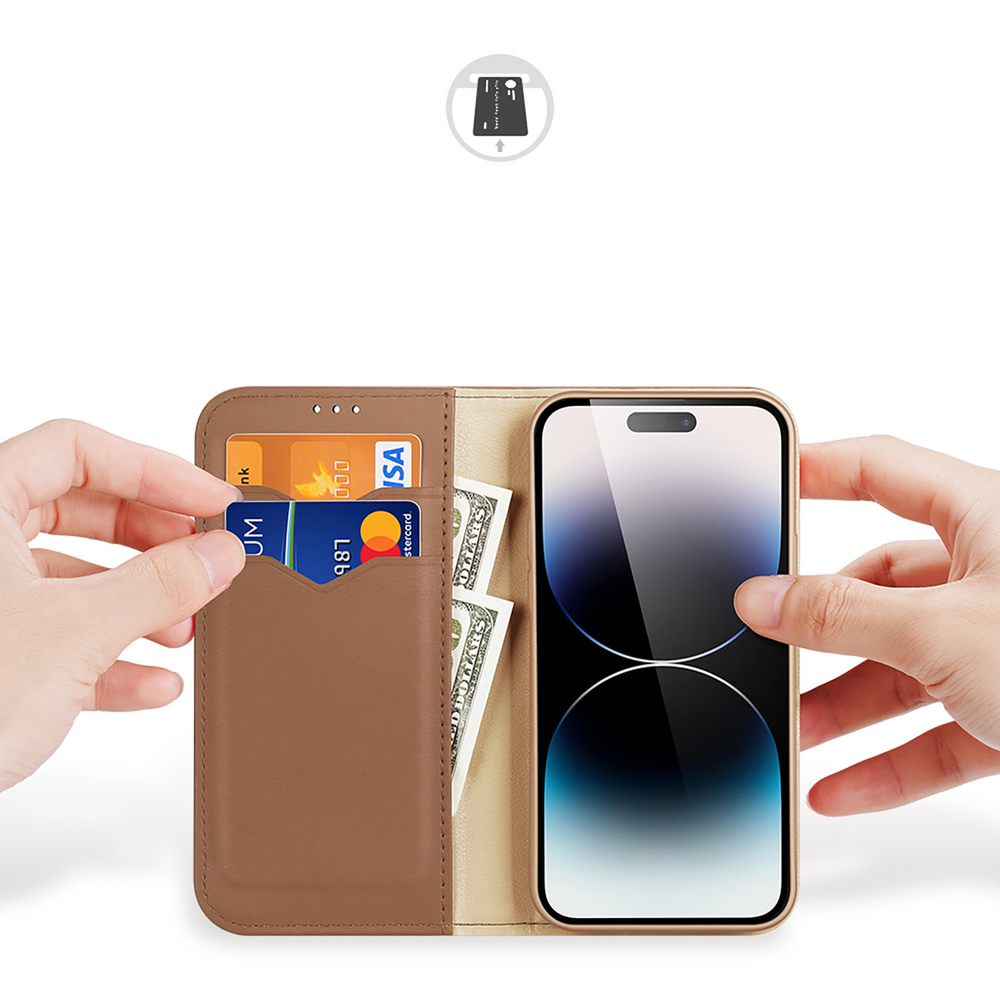 Dux Ducis LEADER LEADER piniginės dėklas HIVO, skirtas IPHONE 15 Pro ruda