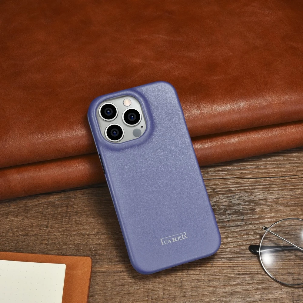 iCarer CE Premium Leather Apple iPhone 14 Pro Magnetic atverčiamas Leather MagSafe Light dėklas telefonui violetinės spalvos (WMI14220714-LP)