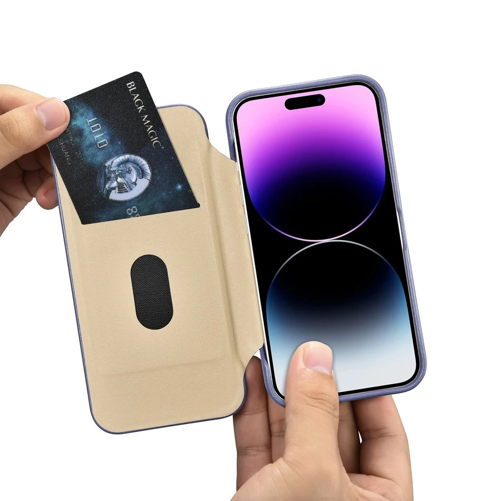 iCarer CE Premium Leather Apple iPhone 14 Pro Magnetic atverčiamas Leather MagSafe Light dėklas telefonui violetinės spalvos (WMI14220714-LP)