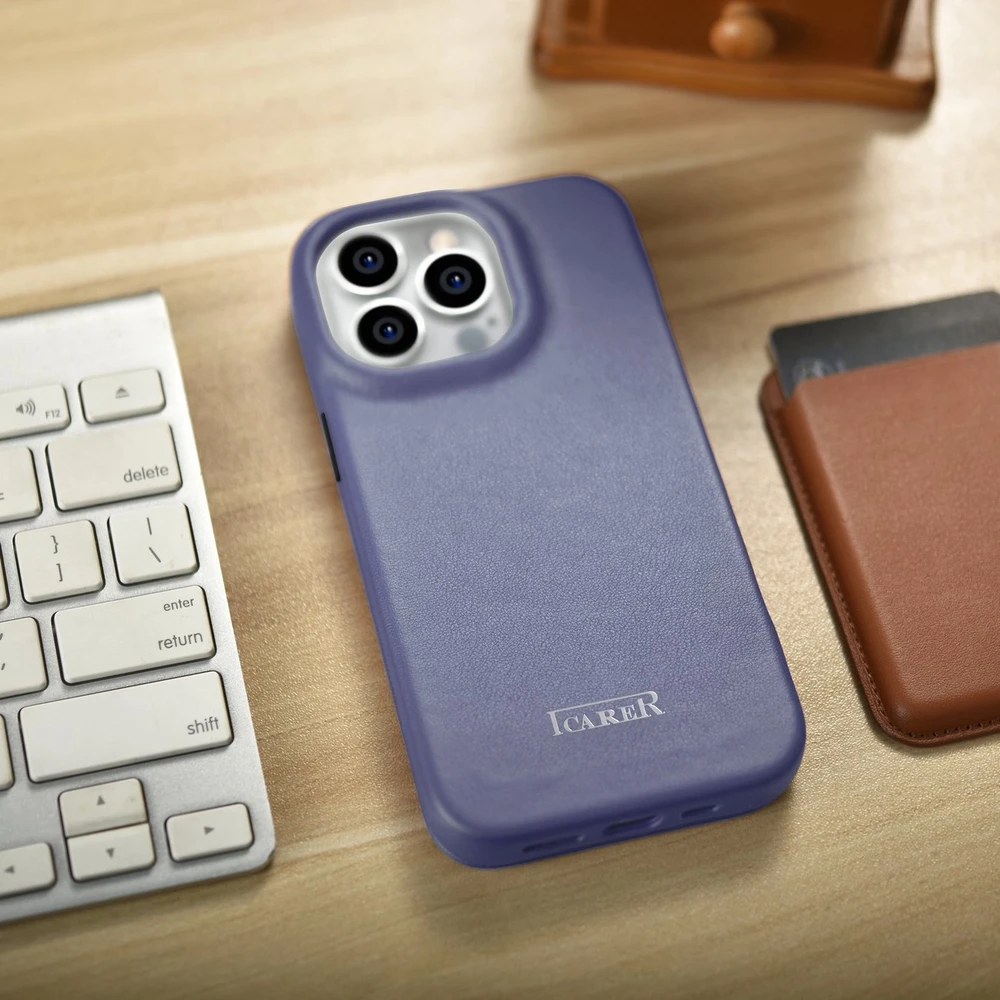 iCarer CE Premium Leather Apple iPhone 14 Pro Magnetic atverčiamas Leather MagSafe Light dėklas telefonui violetinės spalvos (WMI14220714-LP)