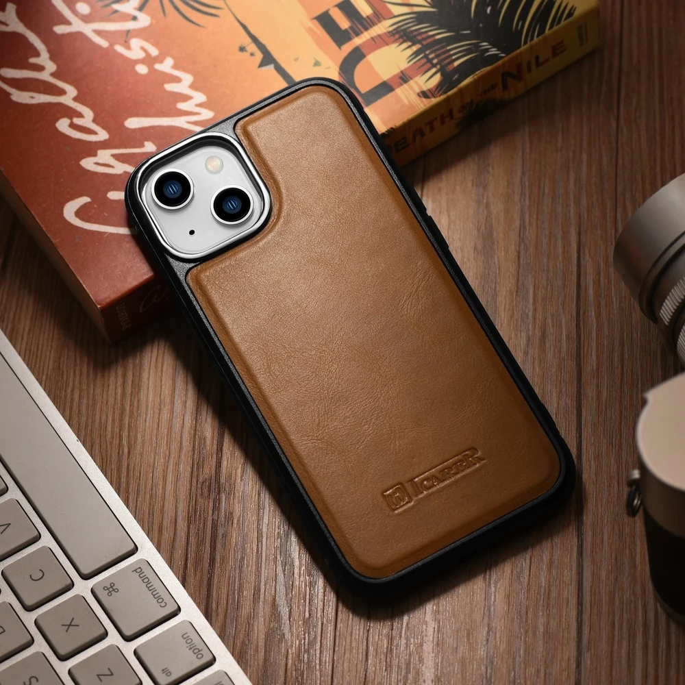 iCarer Leather Oil Wax covered with natural leather Apple iPhone 14 dėklas telefonui rudos spalvos (WMI14220717-TN)