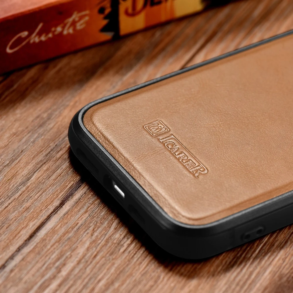 iCarer Leather Oil Wax covered with natural leather Apple iPhone 14 dėklas telefonui rudos spalvos (WMI14220717-TN)