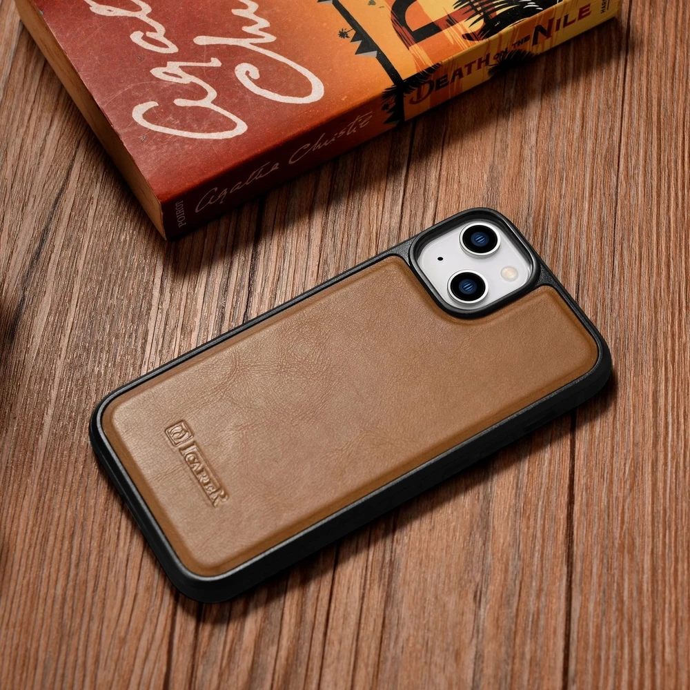 iCarer Leather Oil Wax covered with natural leather Apple iPhone 14 dėklas telefonui rudos spalvos (WMI14220717-TN)