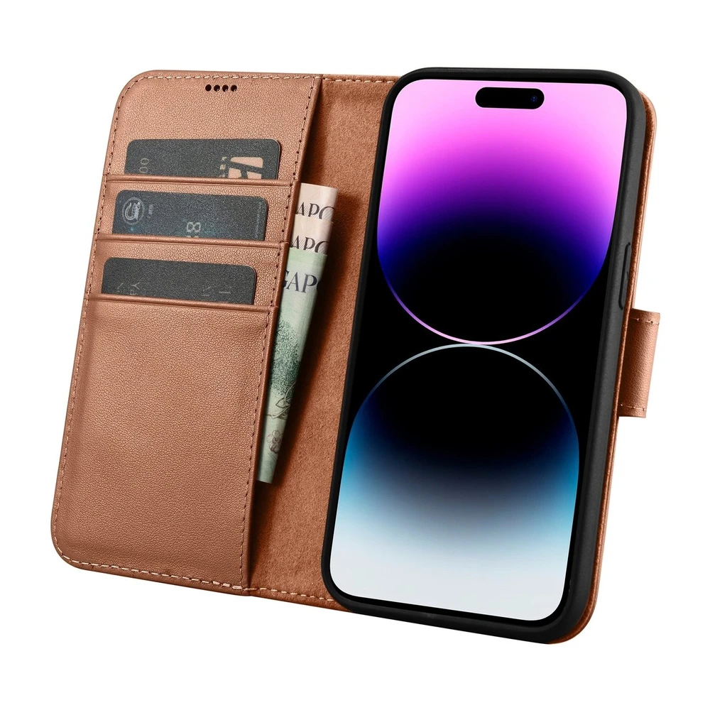 iCarer Wallet 2in1 Apple iPhone 14 Pro Max Leather atverčiamas Anti-RFID dėklas telefonui rudos spalvos (WMI14220728-BN)