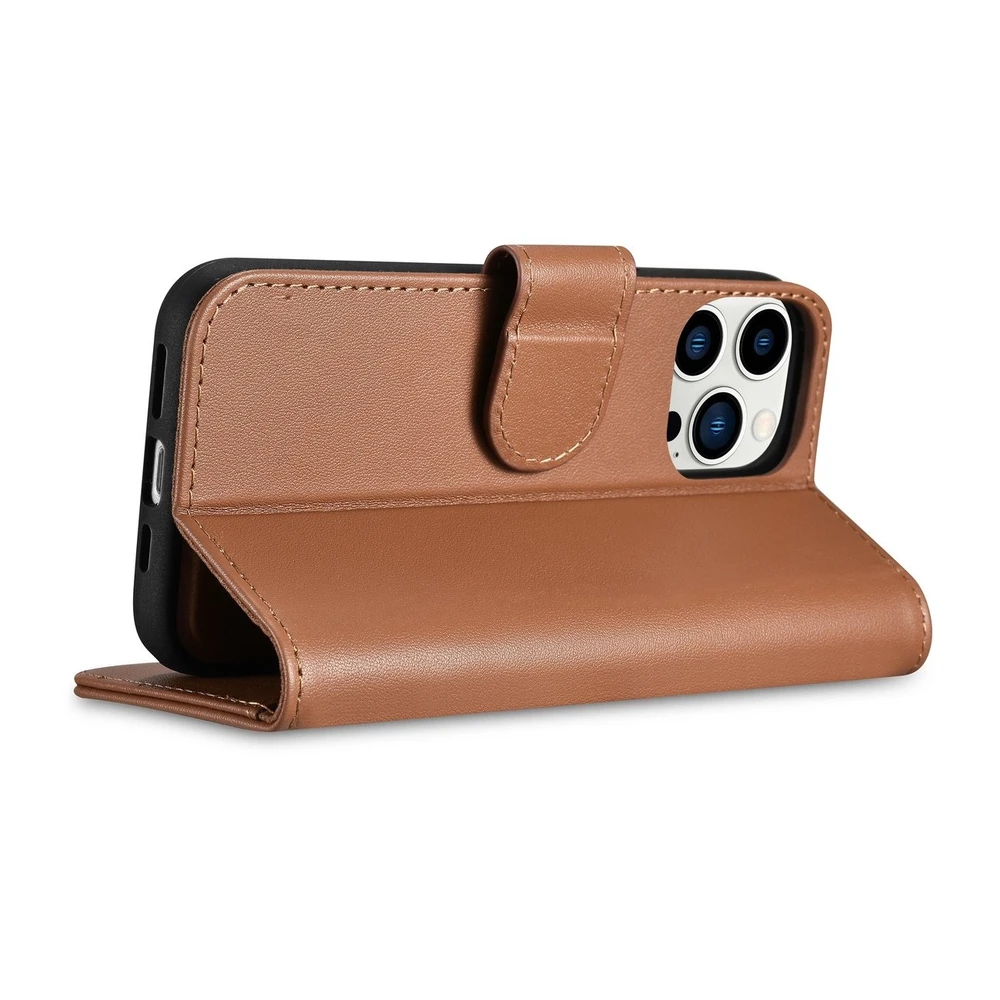 iCarer Wallet 2in1 Apple iPhone 14 Pro Max Leather atverčiamas Anti-RFID dėklas telefonui rudos spalvos (WMI14220728-BN)