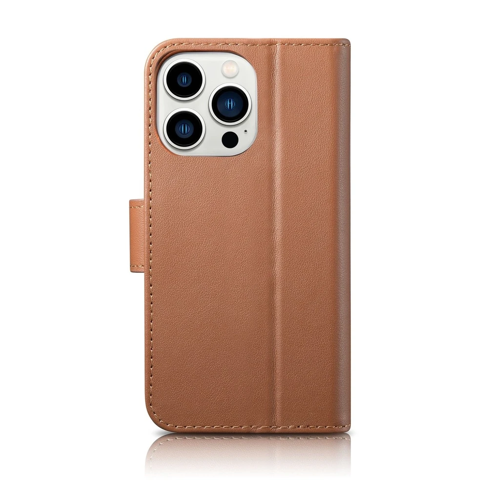 iCarer Wallet 2in1 Apple iPhone 14 Pro Max Leather atverčiamas Anti-RFID dėklas telefonui rudos spalvos (WMI14220728-BN)