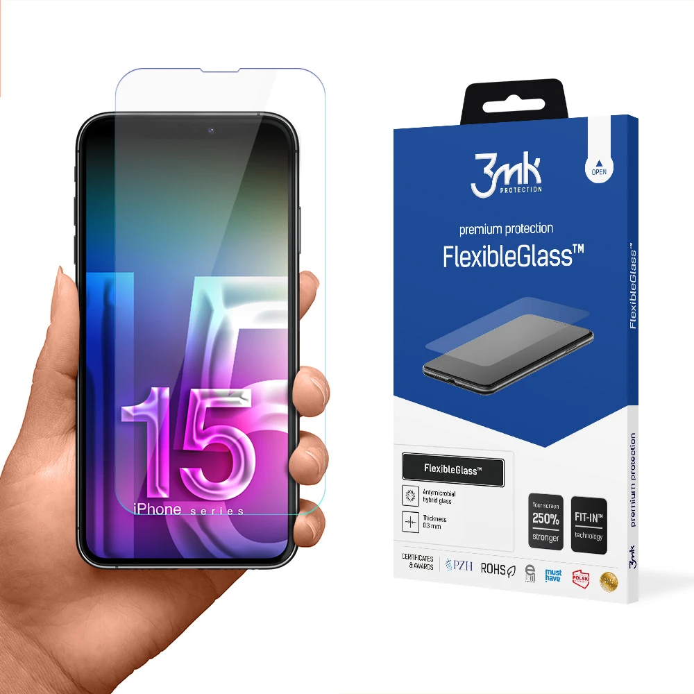 Hibridinis stiklas Apple iPhone 15 3mk lankstus stiklas, hibridinė plėvelė skaidri