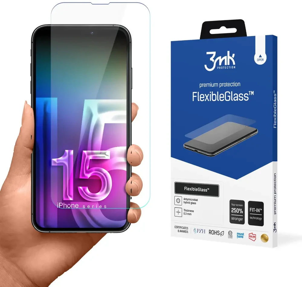 Hibridinis stiklas Apple iPhone 15 Pro Max 3mk lankstus stiklas, hibridinė plėvelė skaidri