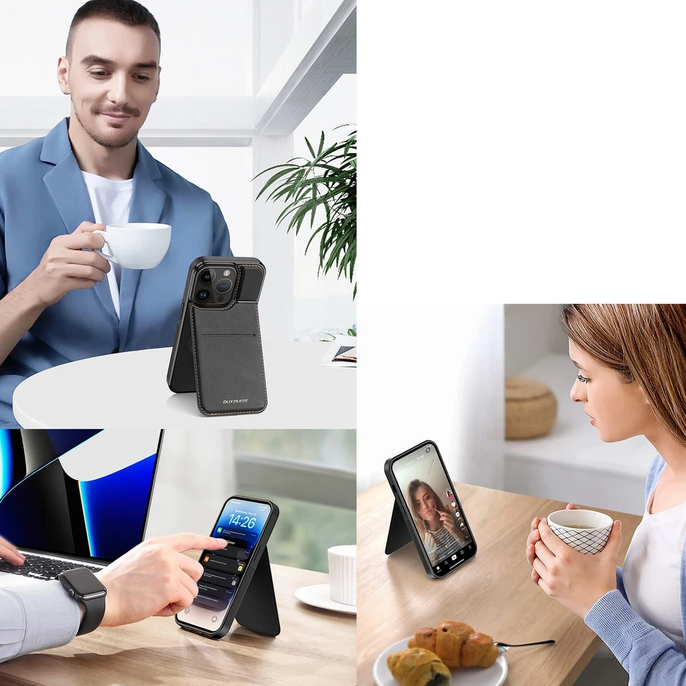 3in1 Wallet su stoveliu Apple iPhone 14 Pro MagSafe RFID Blocker Dux Ducis Rafi Mag - dėklas telefonui juodos spalvos