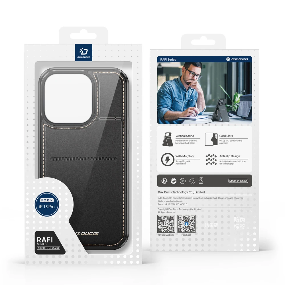 3in1 Wallet su stoveliu Apple iPhone 15 Pro MagSafe RFID Blocker Dux Ducis Rafi Mag - dėklas telefonui juodos spalvos