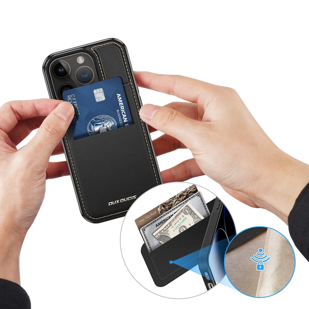 3in1 Wallet su stoveliu Apple iPhone 14 Pro MagSafe RFID Blocker Dux Ducis Rafi Mag - dėklas telefonui juodos spalvos