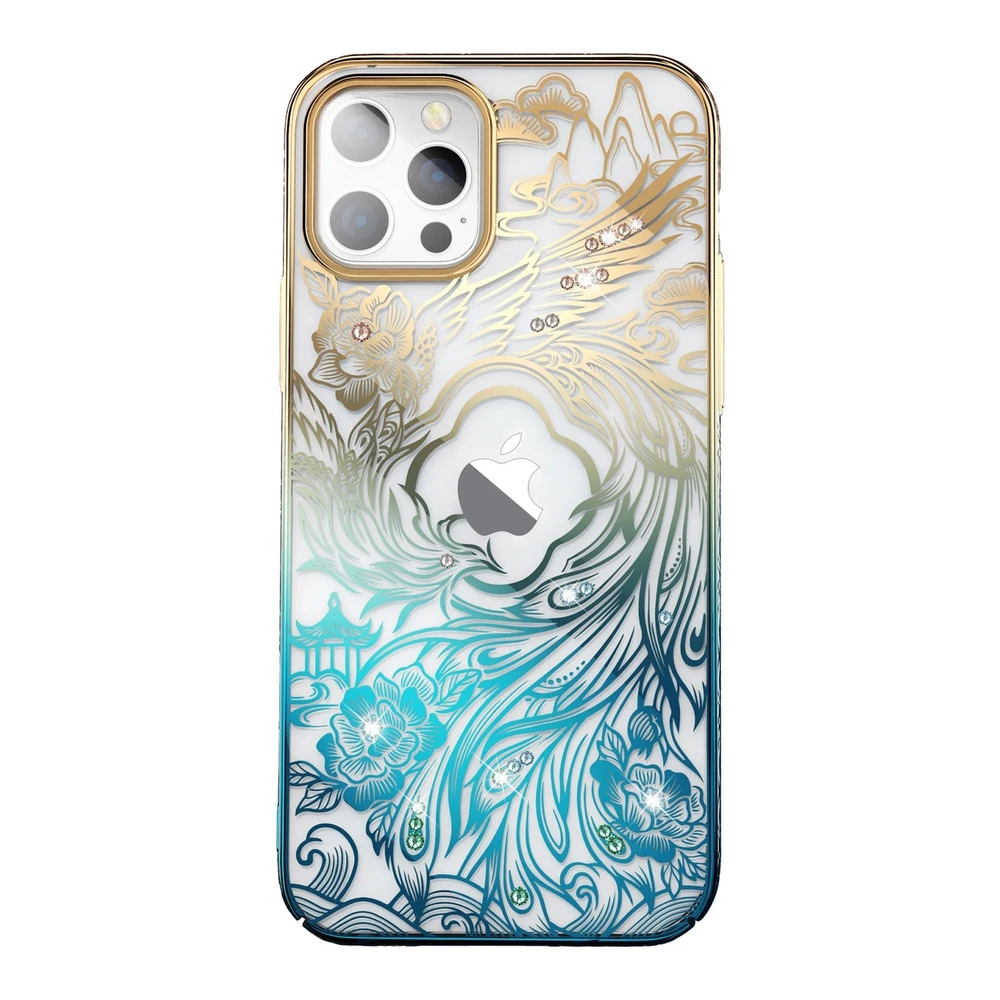 Luxury iPhone 14 Plus Kingxbar Phoenix Crystals – dėklas telefonui aukso ir mėlynos spalvos