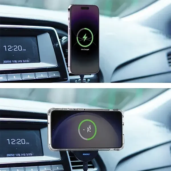 Araree Renergy AM15V automobilinis telefono laikiklis su belaidžiu 15W įkrovimu, skirtas oro ventiliacijai, suderinamas su MagSafe, juodas