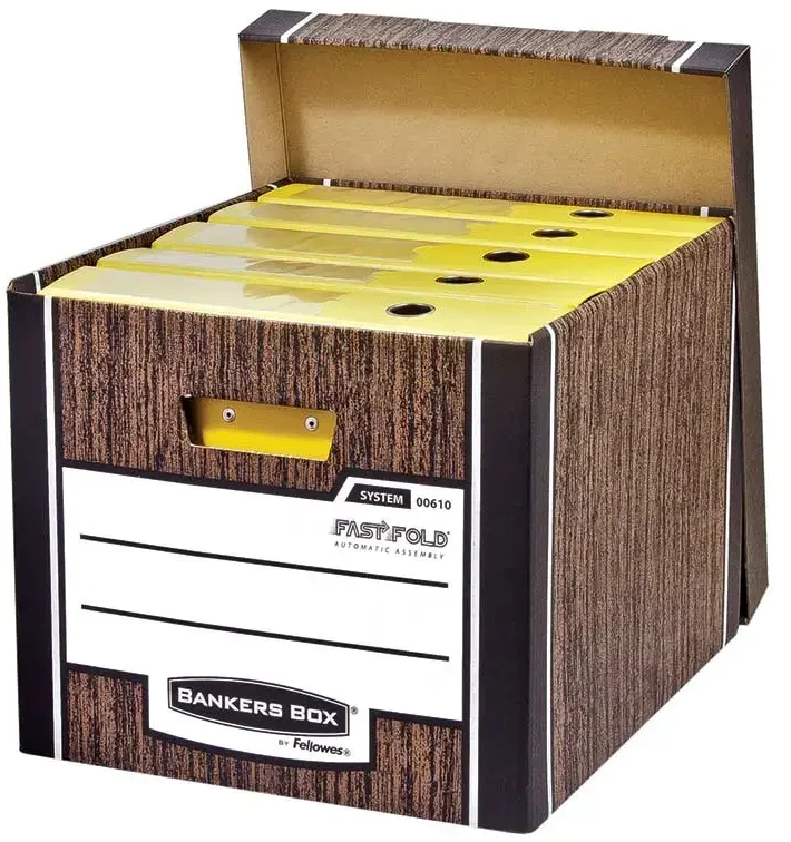 Archyvinė dėžė Fellowes Woodgrain Bankers Box, 325x285x385mm, kartoninė, su dangčiu, 2 vnt, rudos spalvos