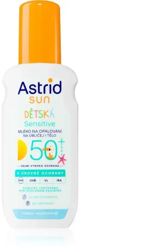 Astrid vaikų purškiamas losjonas įdegiui Sensitive SPF 50+ Sun 150 ml