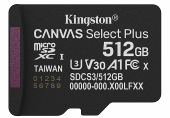 „Kingston Technology“ 512 GB „micSDXC Canvas Select Plus Gen3 150R A1“ atminties kortelės pakuotė be ADP
