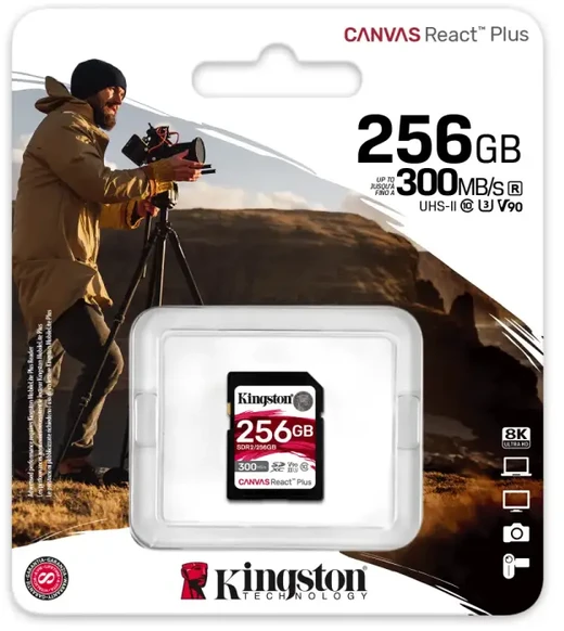 Atminties kortelė Kingston Technologija 256GB Canvas React Plus SDXC UHS-II 300R/260W U3 V90, skirta Full HD/4K/8K