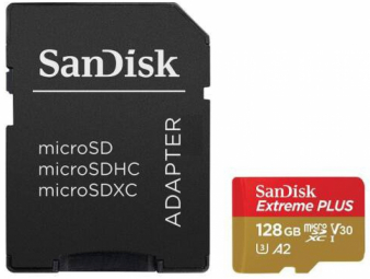 Atminties kortelė SanDisk Extreme PLUS Micro SDXC 128GB + SD adapteris + 2 metai RescuePRO Deluxe iki 200MB/s & 90MB/s Skaitymo/Rašymo greitis A2 C10 V30 UHS-I U3, EAN: 619659188986