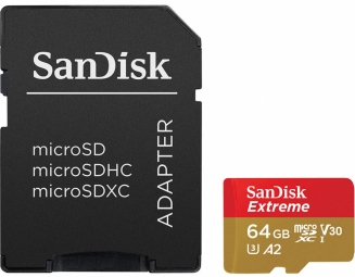 Atminties kortelė SanDisk Extreme PLUS Micro SDXC 64GB + SD adapteriai + 2 metai RescuePRO Deluxe iki 200MB/s & 90MB/s Skaitymo/Rašymo greitis A2 C10 V30 UHS-I U8, EAN: 619659189150
