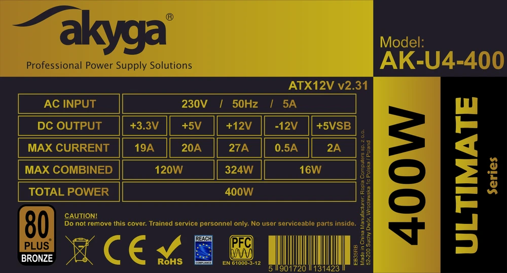 Akyga Ultimate ATX maitinimo šaltinis 400W AK-U4-400 80+Bronze Fan12cm P8 4xSATA PCI-E