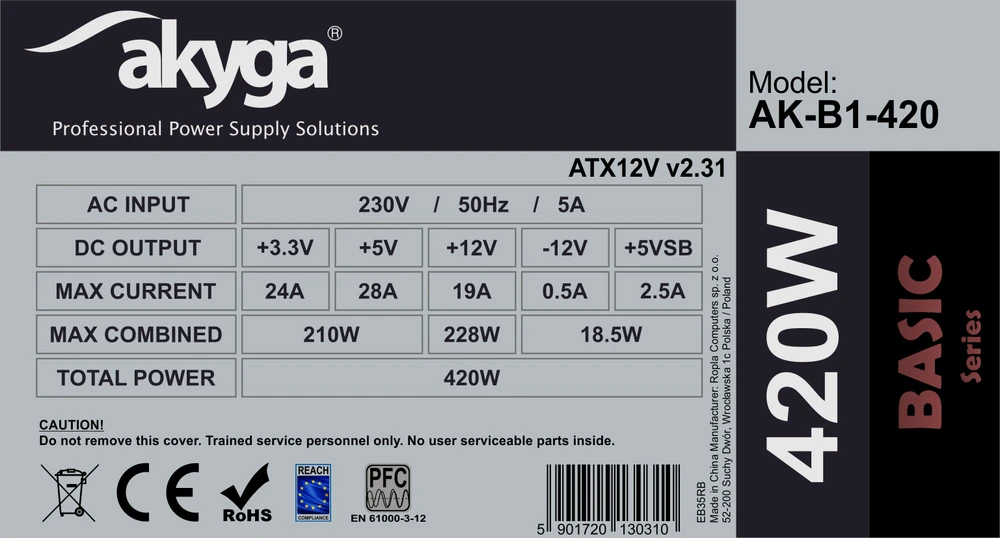 AKYGA AK-B1-420 Basic ATX maitinimo šaltinis 420W AK-B1-420 Fan12cm P4 3xSATA