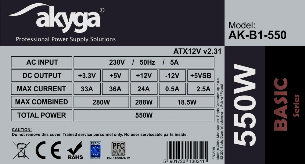 Akyga Basic ATX maitinimo šaltinis 550W AK-B1-550 Fan12cm P4 3xSATA PCI-E