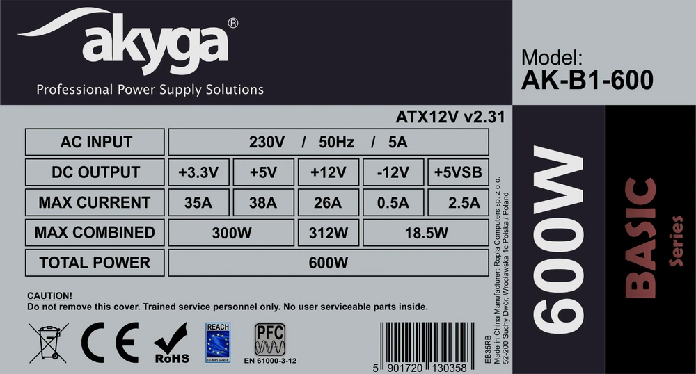 Akyga Basic ATX maitinimo šaltinis 600W AK-B1-600 Fan12cm P4 3xSATA PCI-E