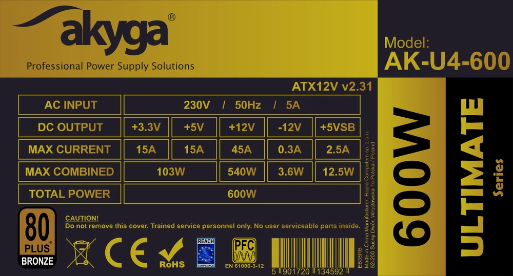 Akyga Ultimate ATX maitinimo šaltinis 600W AK-U4-600 80 PLUS bronzinis PCI-E PFC