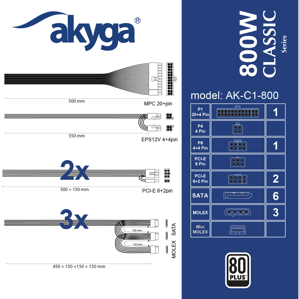 Maitinimo šaltinis ATX 800W Akyga AK-C1-800 P4+4 2x PCI-E 6+2 pin 6x SATA 3x Molex APFC FAN 12cm