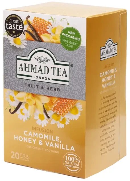 Vaisių ir žolelių arbata AHMAD Camomile Honey & Vanilla, 20 arbatos pakelių x 2 g, vokeliuose