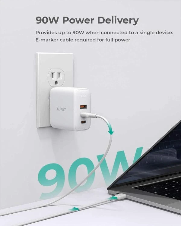Aukey AUEKY Omnia Mix 3 PA-B6S Sieninis įkroviklis 1x USB 2x USB-C Maitinimo tiekimas 3.0 90W Baltas