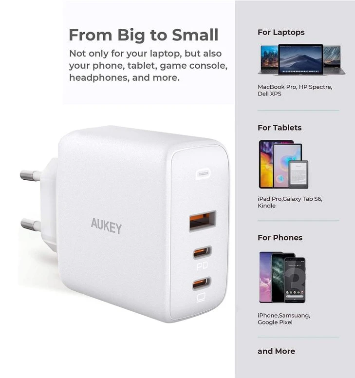 Aukey AUEKY Omnia Mix 3 PA-B6S Sieninis įkroviklis 1x USB 2x USB-C Maitinimo tiekimas 3.0 90W Baltas