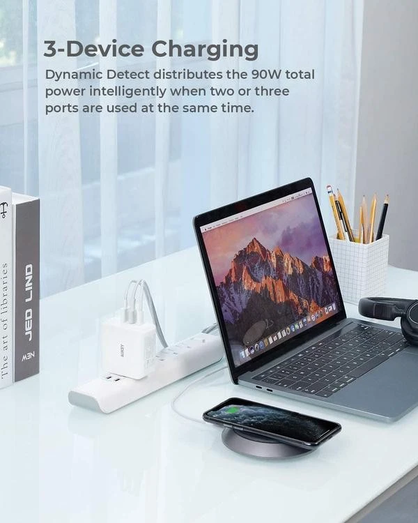 Aukey AUEKY Omnia Mix 3 PA-B6S Sieninis įkroviklis 1x USB 2x USB-C Maitinimo tiekimas 3.0 90W Baltas