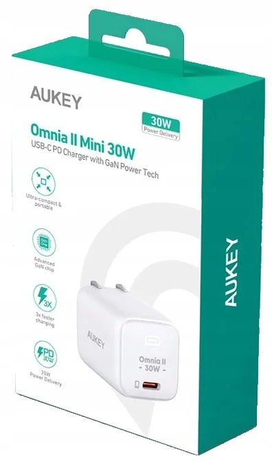Aukey GaN, USB-C, PD 30W, balta