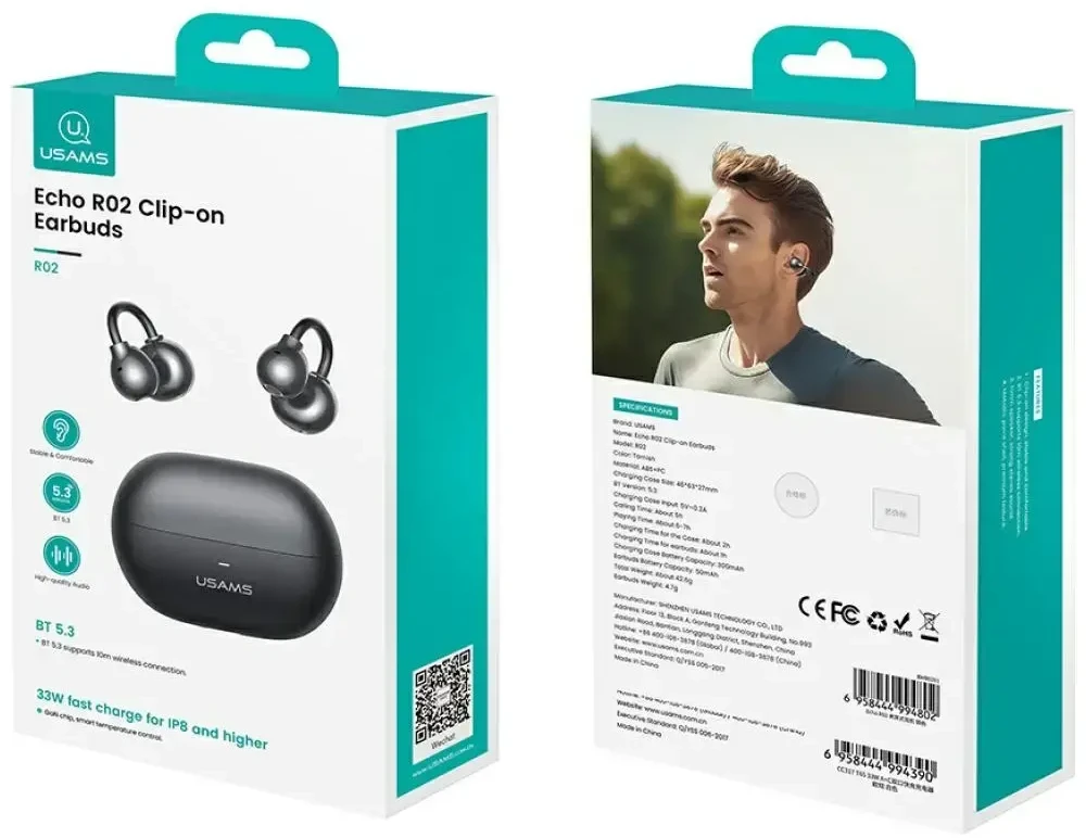 Ausinės Bluetooth USAMS Echo R02 Clip-on belaidės pilkas