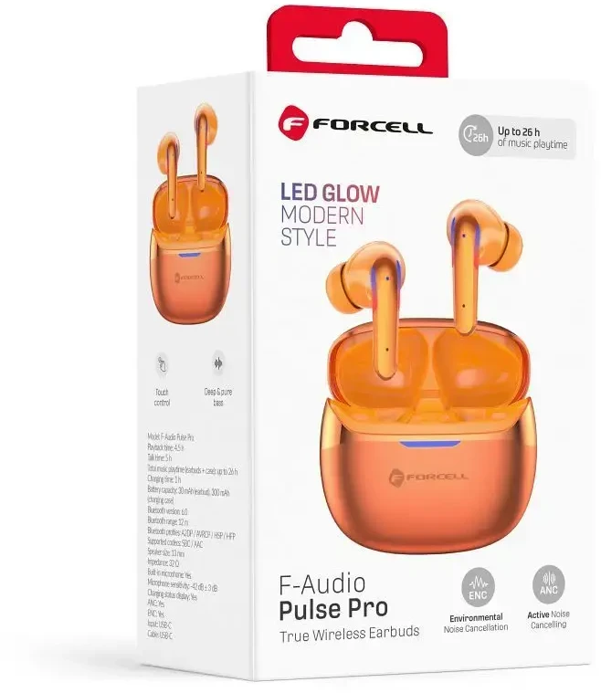Ausinės Forcell F-Audio Pulse Pro ANC + ENC Belaidės In-Ear TWS Earbuds auksinis