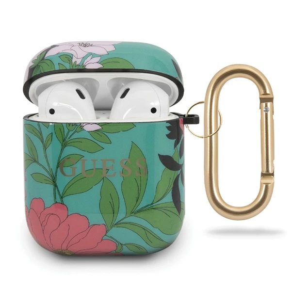 Guess AirPods dėklas su gėlių raštu ir auksiniu karabinu
