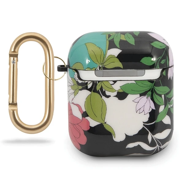 Guess AirPods dėklas gėlių motyvais su auksiniu karabinu